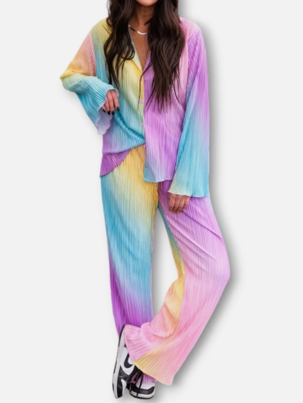 Dressed in Lala Rainbow Daydream Top And Pants Plissé Set Size XL